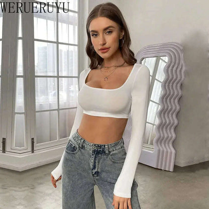 White Long Sleeve Crop Top: Y2K Corset, Knitted Elastic Tee - D&M Boutique 