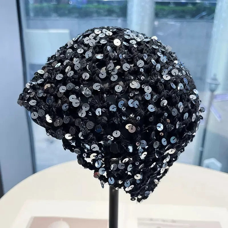 Fashion Vintage Sequined Hollow Pullover Hats Women Spring Summer Travel Photo Atmosphere Versatile Casual Y2K Knit Beanie Hat
