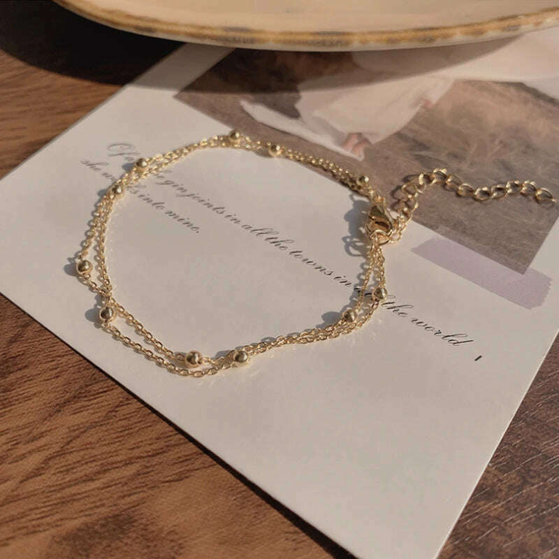 Fashionable 925 Sterling Silver Gold Small Round Bead Bracelet For Women's Retro Double-Layer Bracelet Birthday Jewelry Gift - D&M Boutique
