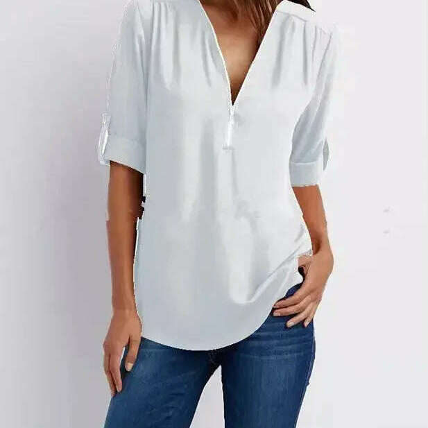 2024 Loose Chiffon Blouse: Deep V Neck, Zipper, Plus Size