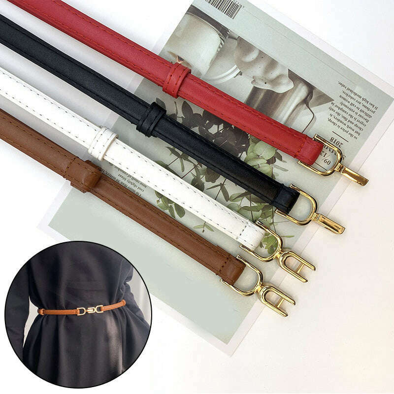 New Fashion Leather Thin Belt for Women with Metal Buckle
