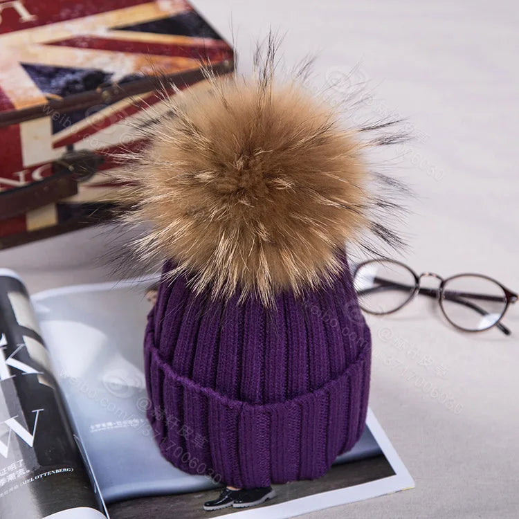 Winter NEW Women Pom Pom Beanies Warm Knitted Bobble Girl Fur Pompom Hats Real Raccoon Fur Pompon Casual Hat Cap
