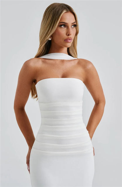 Mozision Scarf Collar Strapless Sexy Maxi Dress For Women Fashion Off-shoulder Backless Bodycon Club Party Long Dress Elegant