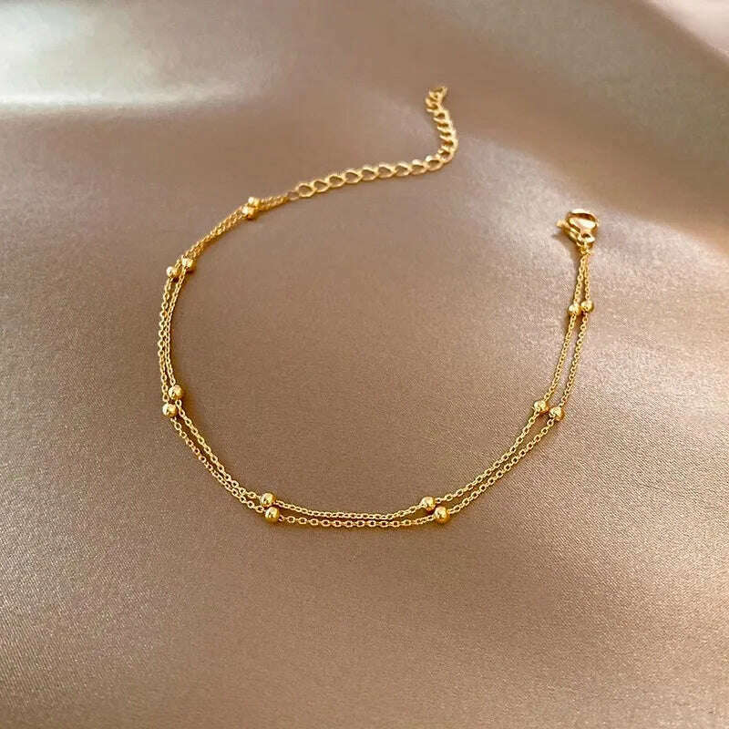 Fashionable 925 Sterling Silver Gold Small Round Bead Bracelet For Women's Retro Double-Layer Bracelet Birthday Jewelry Gift - D&M Boutique