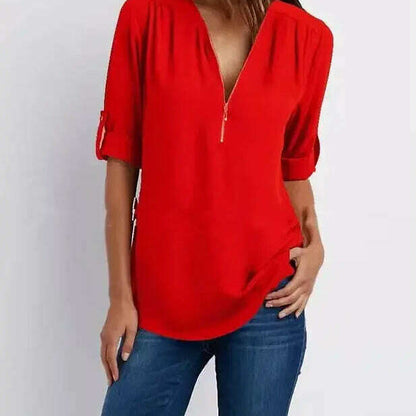 2024 Loose Chiffon Blouse: Deep V Neck, Zipper, Plus Size