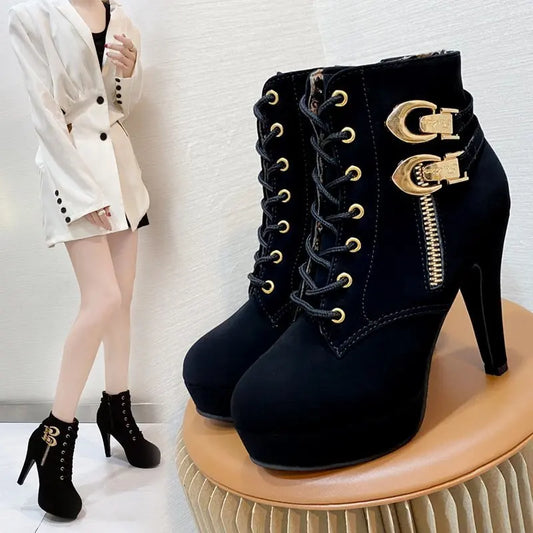 Chunky Heeled Ankle Boots - Metal Decor, Lace-Up Platform