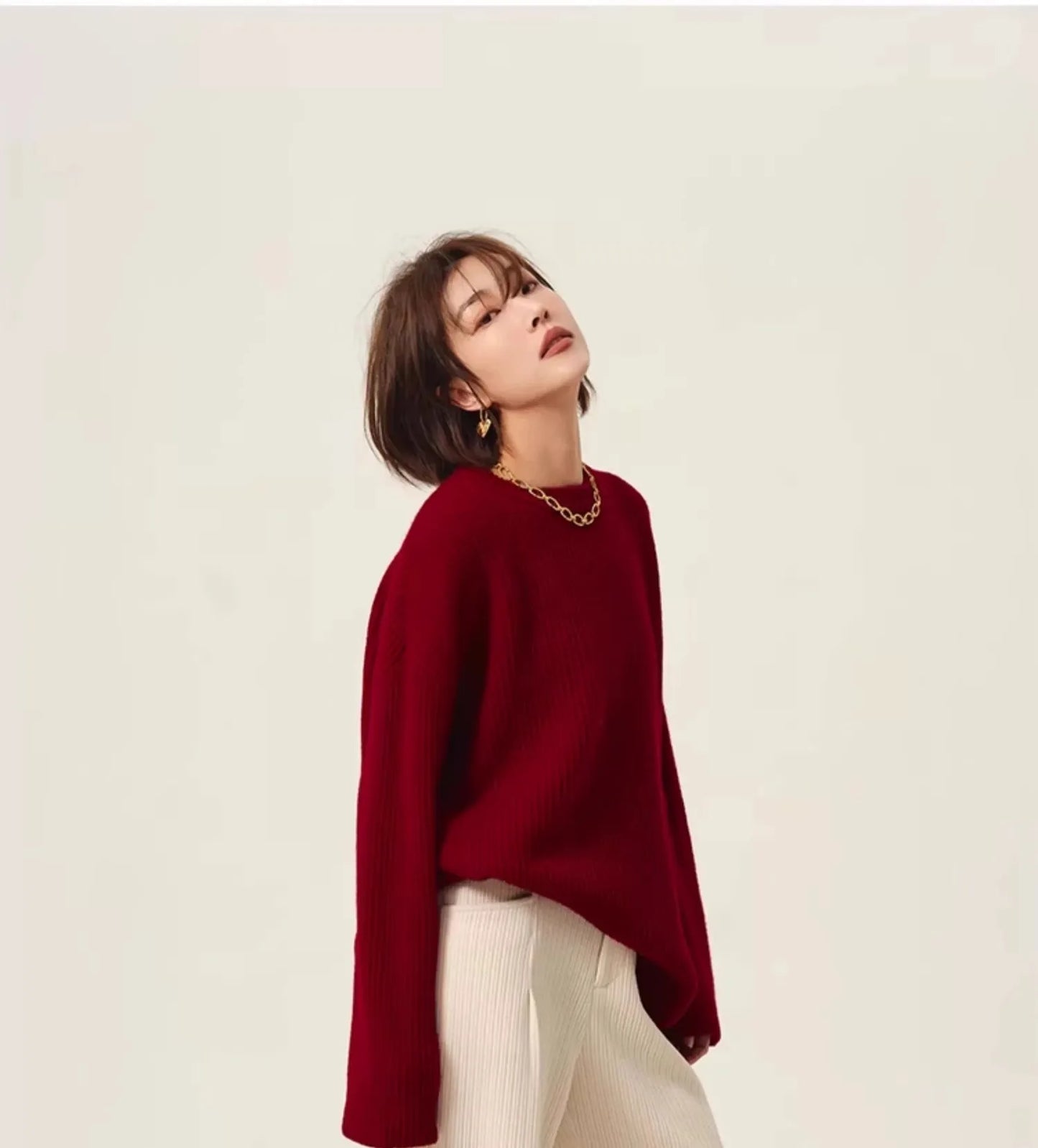 100% Cashmere Turtleneck Sweater – Loose, Vintage Red, Long Sleeve - D&M Boutique 