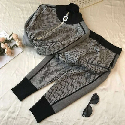 Korean Fashion 2-Piece Set, Half Turtleneck Knit Jacket & Jogger Pants - D&M Boutique