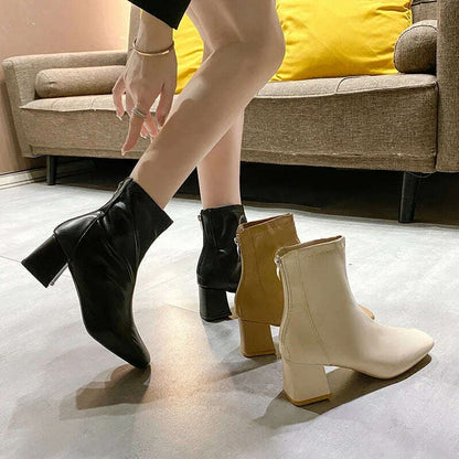 Casual Women's Thick Heel Medium Heel Boots Women's 2024 New Winter Square Toe Back Zipper Heightening Short Boots