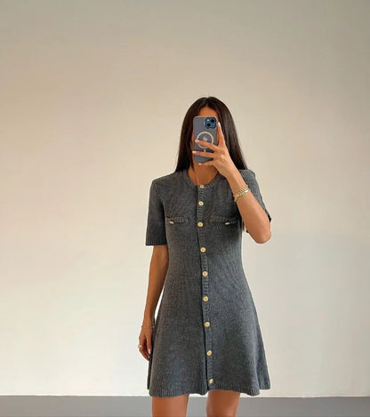 Trendix Elegant Knit Mini Dress Women Street Slim High Waist Short Sleeve Rib Sweater Dresses Vacation Bodycon Knitwear Dress