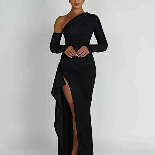 Mozision Oblique Shoulder Thigh-High Split Maxi Dress