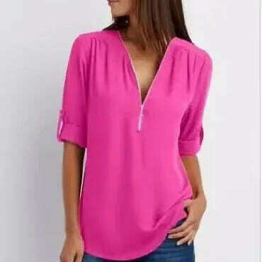 2024 Loose Chiffon Blouse: Deep V Neck, Zipper, Plus Size