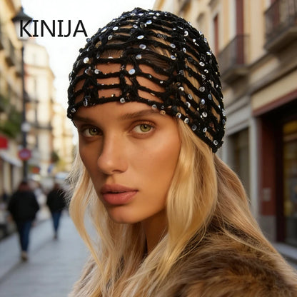 Fashion Vintage Sequined Hollow Pullover Hats Women Spring Summer Travel Photo Atmosphere Versatile Casual Y2K Knit Beanie Hat