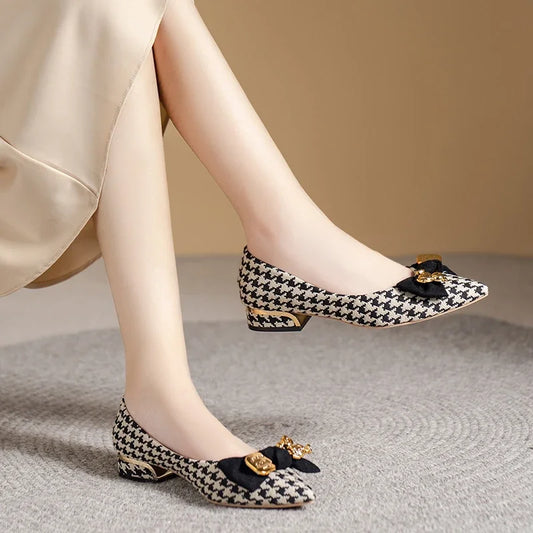 2024 Slip-On Flats - Pointed Toe, Houndstooth & Butterfly Knot