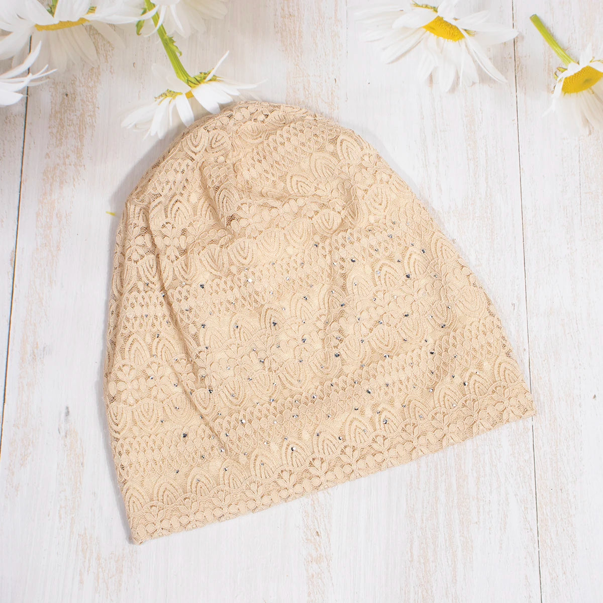 Women Fashion Lace Beanies Cap Rhinestone flower lace breathable spring summer beanie caps