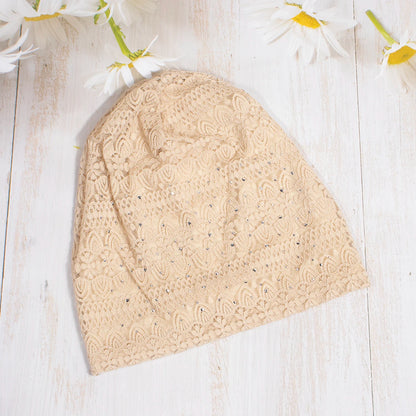 Women Fashion Lace Beanies Cap Rhinestone flower lace breathable spring summer beanie caps