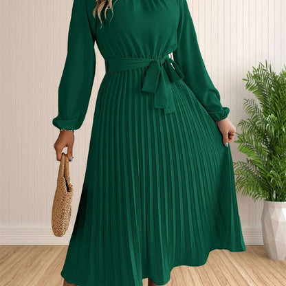 Elegant Pleated Lace-Up Long Sleeve A-Line Sundress