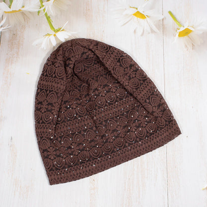 Women Fashion Lace Beanies Cap Rhinestone flower lace breathable spring summer beanie caps