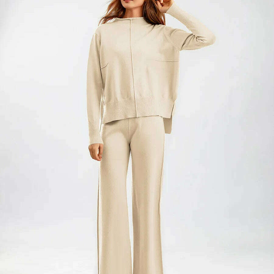 Winter Women's Knit Tracksuit, High Collar Pullover & Pants - D&M Boutique