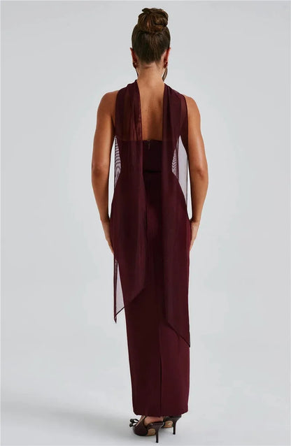 Mozision Scarf Collar Strapless Sexy Maxi Dress For Women Fashion Off-shoulder Backless Bodycon Club Party Long Dress Elegant