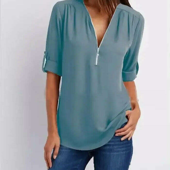 2024 Loose Chiffon Blouse: Deep V Neck, Zipper, Plus Size