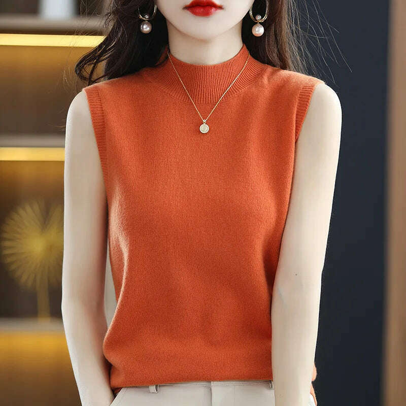 Casual Sleeveless Top – Mock Neck, Warm Knit, Korean Style