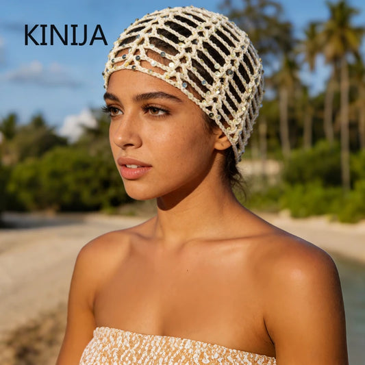 Fashion Vintage Sequined Hollow Pullover Hats Women Spring Summer Travel Photo Atmosphere Versatile Casual Y2K Knit Beanie Hat