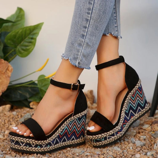 Ethnic Style One-Button Slope Heel Sandals - Chic & Comfy