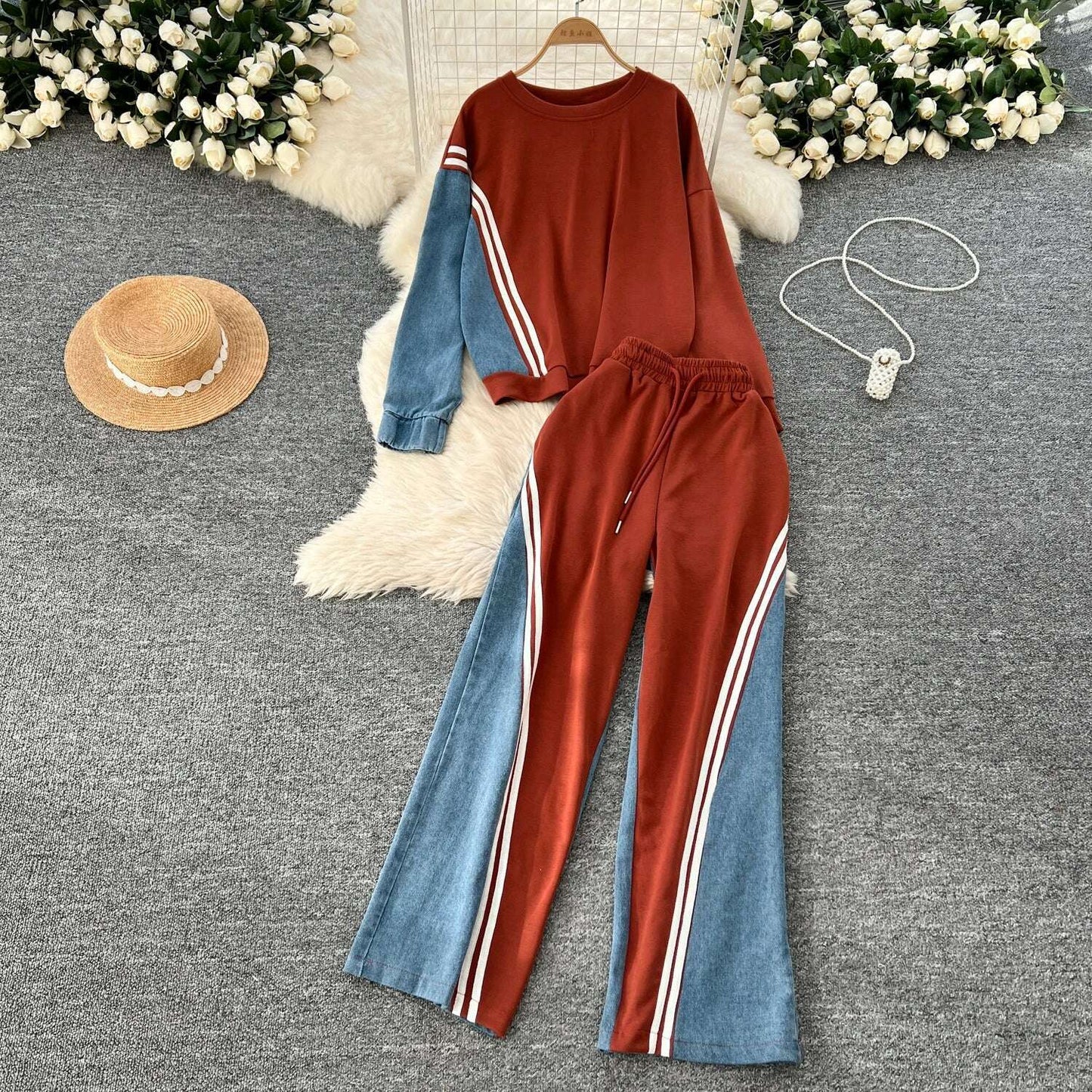 SINGREINY Autumn Casual 2-Piece Set, O-Neck Top & Drawstring Pants - D&M Boutique