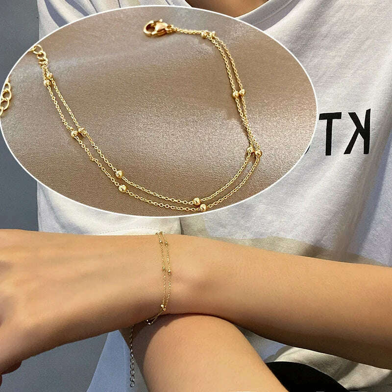 Fashionable 925 Sterling Silver Gold Small Round Bead Bracelet For Women's Retro Double-Layer Bracelet Birthday Jewelry Gift - D&M Boutique