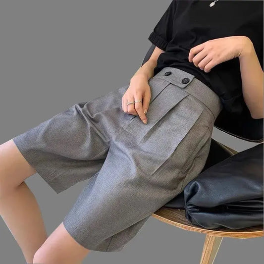 Korean Office Suits Shorts – High Waist, Double-Button, Knee-Length - D&M Boutique