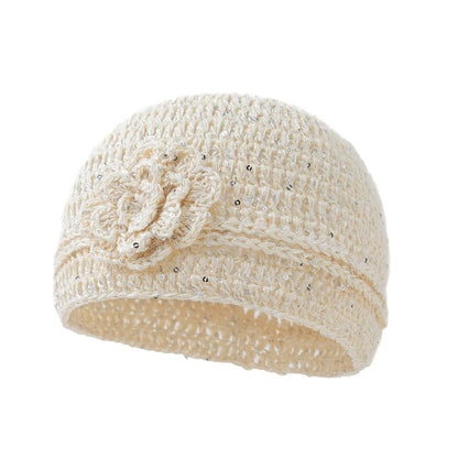 Popular Handmade Crochet Summer Beanies Hat For Women Solid Fashion Flower Sequin Best Matched Girls Skullies Bonnets Cap Gift