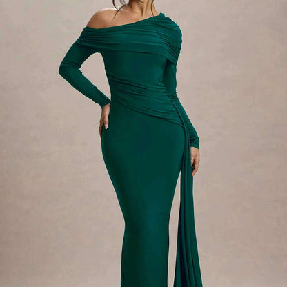 Mozision Skew Collar Long Sleeve Maxi Dress