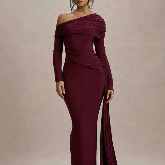 Mozision Skew Collar Long Sleeve Maxi Dress