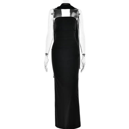 Mozision Scarf Collar Strapless Sexy Maxi Dress For Women Fashion Off-shoulder Backless Bodycon Club Party Long Dress Elegant