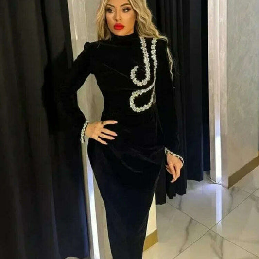 GPBD Black Slim Beaded Long-Sleeve Maxi Bandage Dress