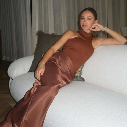 JULISSA MO Satin Hollow Out High-Waist Maxi Dress