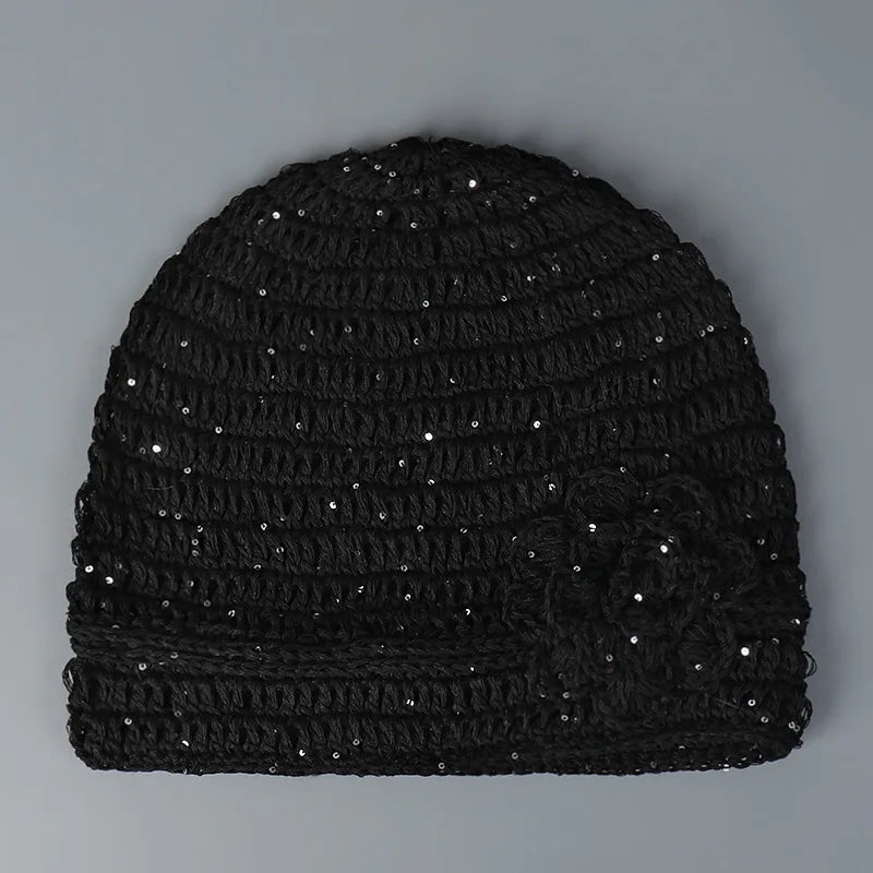 Popular Handmade Crochet Summer Beanies Hat For Women Solid Fashion Flower Sequin Best Matched Girls Skullies Bonnets Cap Gift