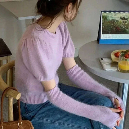 Neploe Korean Office Sweater: O-Neck, Short Sleeve, Solid Color Pullover - D&M Boutique 