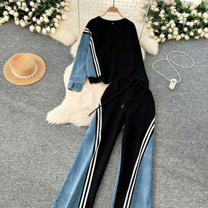 SINGREINY Autumn Casual 2-Piece Set, O-Neck Top & Drawstring Pants - D&M Boutique