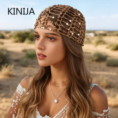 Fashion Vintage Sequined Hollow Pullover Hats Women Spring Summer Travel Photo Atmosphere Versatile Casual Y2K Knit Beanie Hat