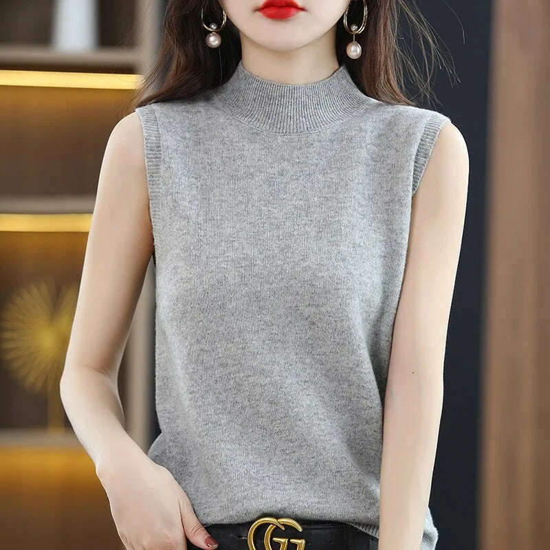 Casual Sleeveless Top – Mock Neck, Warm Knit, Korean Style