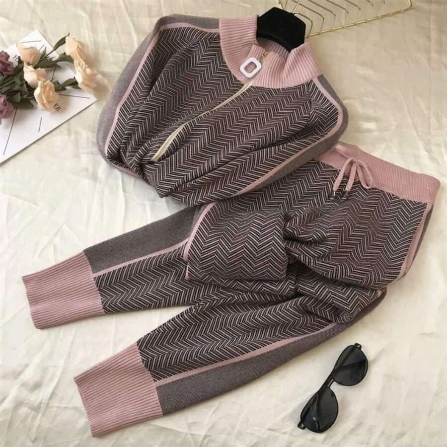 Korean Fashion 2-Piece Set, Half Turtleneck Knit Jacket & Jogger Pants - D&M Boutique