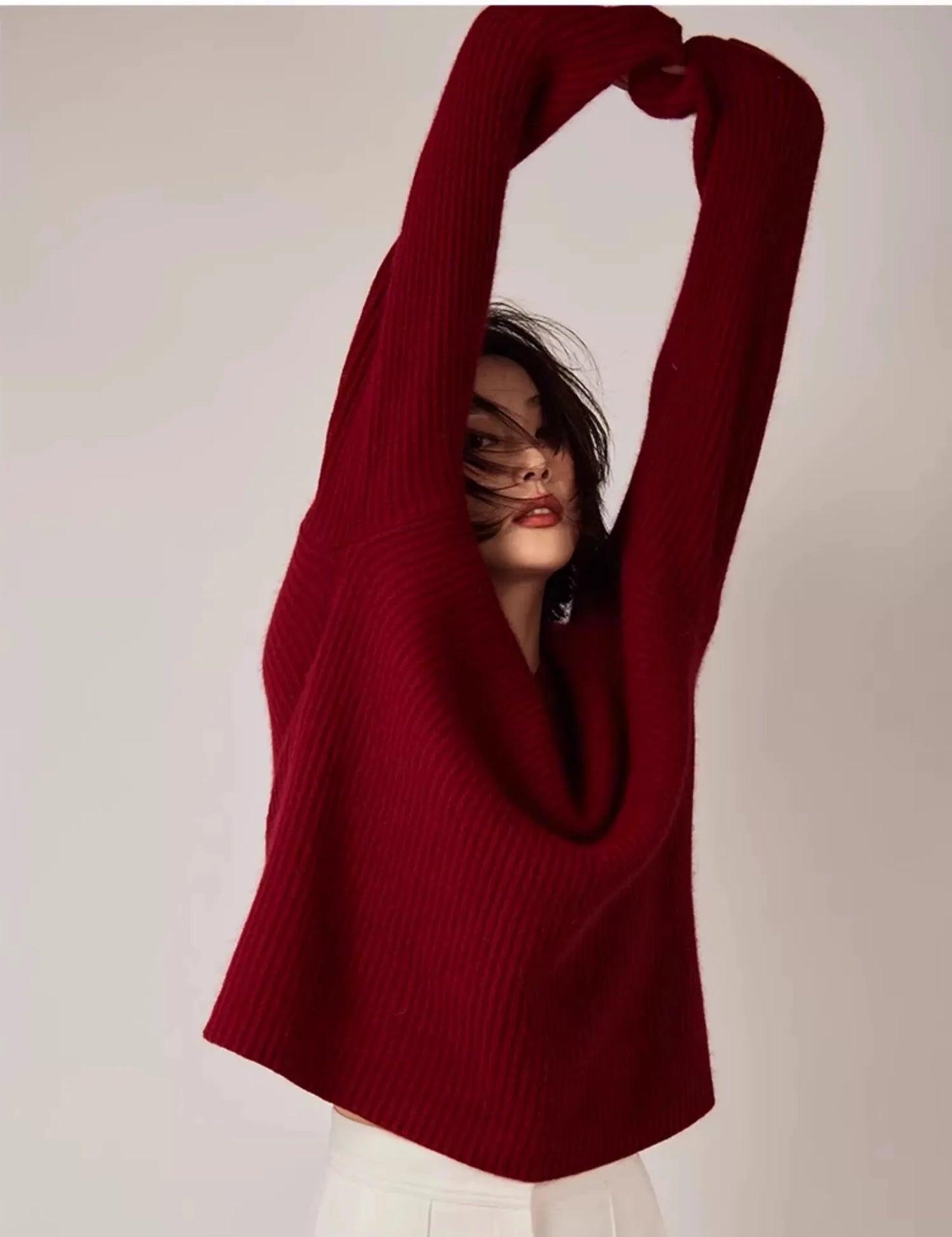 100% Cashmere Turtleneck Sweater – Loose, Vintage Red, Long Sleeve - D&M Boutique 