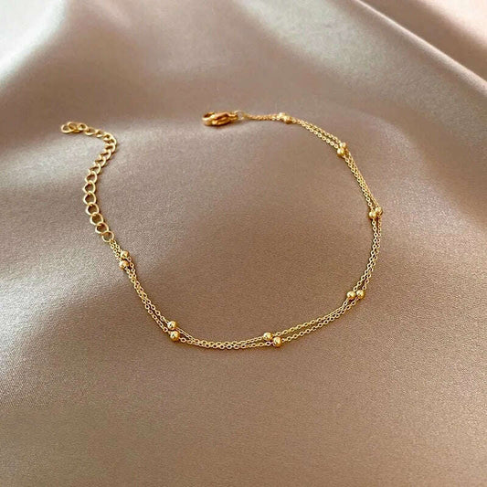 Fashionable 925 Sterling Silver Gold Small Round Bead Bracelet For Women's Retro Double-Layer Bracelet Birthday Jewelry Gift - D&M Boutique