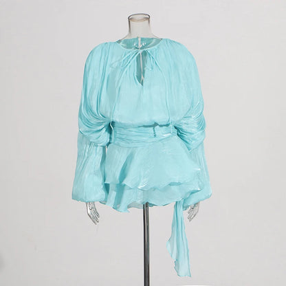 VGH Minimalist Solid Loose Short Dresses For Women Round Neck Long Sleeve High Waist Spliced Lace Up Chic Dress Female Fashion
