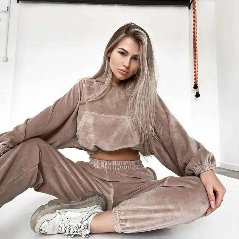 2025 Autumn Winter Women's Velvet Hoodie & Elastic Pants Set