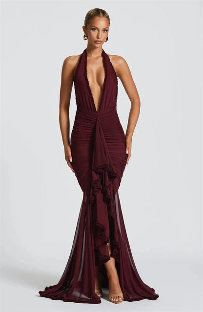 Mozision Elegant Halter Deep V Neck Sexy Maxi Dress Women Fashion Sleeveless Backless Ruched Evening Club Party Long Dress