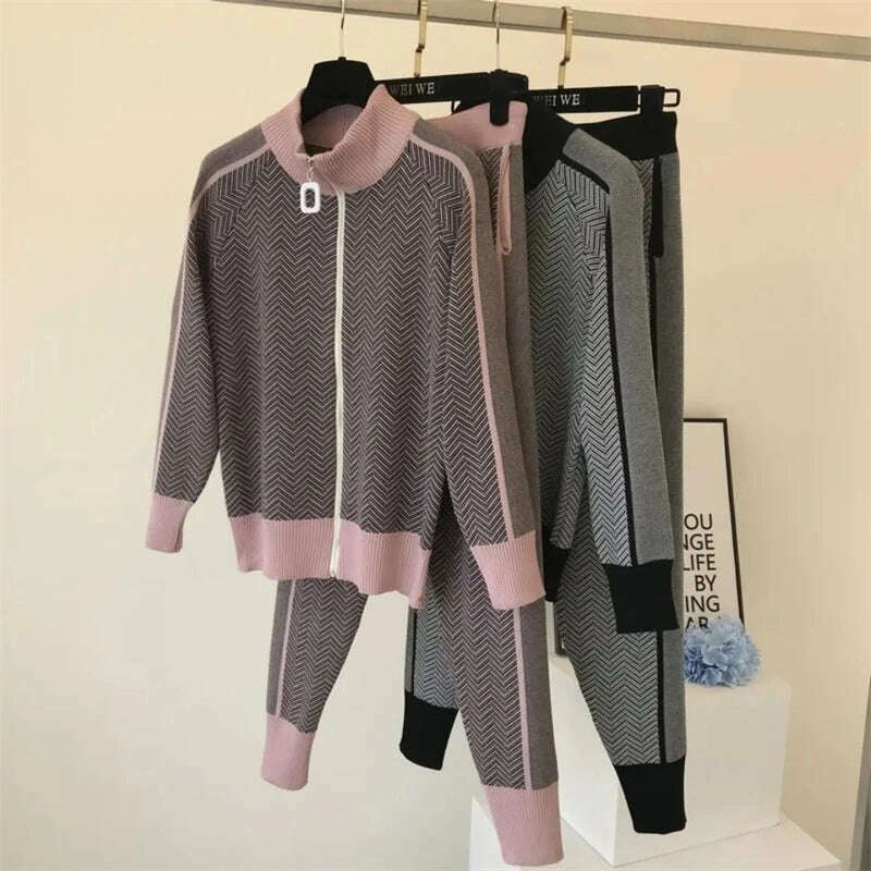 Korean Fashion 2-Piece Set, Half Turtleneck Knit Jacket & Jogger Pants - D&M Boutique