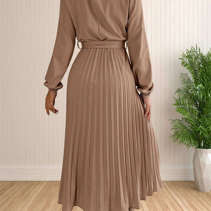 Elegant Pleated Lace-Up Long Sleeve A-Line Sundress